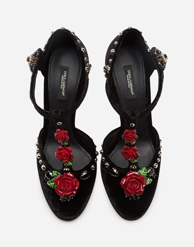 Shop Dolce & Gabbana Velvet T-straps With Embroidery In Black