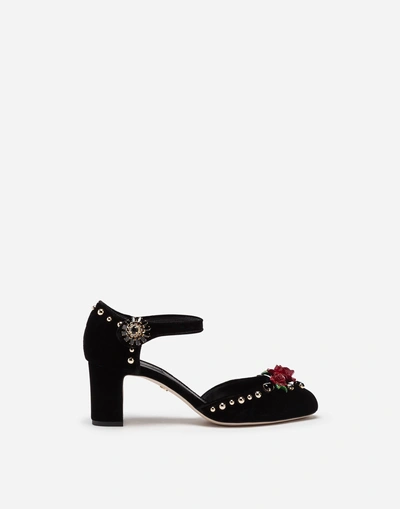 Shop Dolce & Gabbana Velvet Ankle Straps With Embroidery In Black