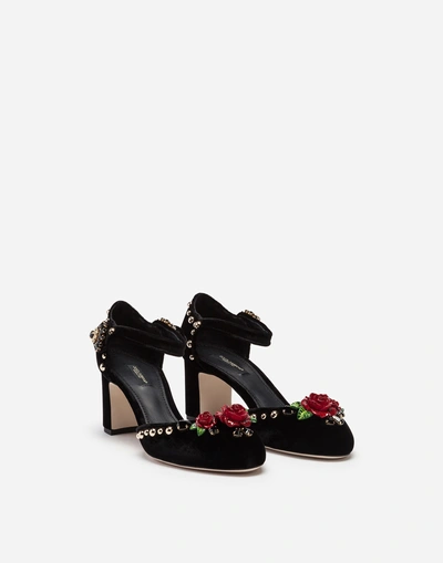 Shop Dolce & Gabbana Velvet Ankle Straps With Embroidery In Black