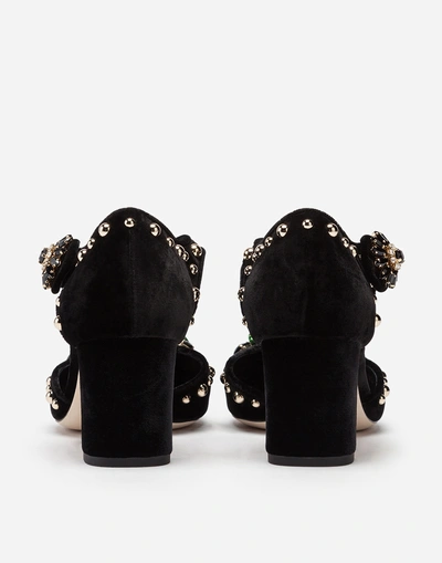 Shop Dolce & Gabbana Velvet Ankle Straps With Embroidery In Black