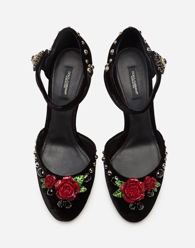 Shop Dolce & Gabbana Velvet Ankle Straps With Embroidery In Black