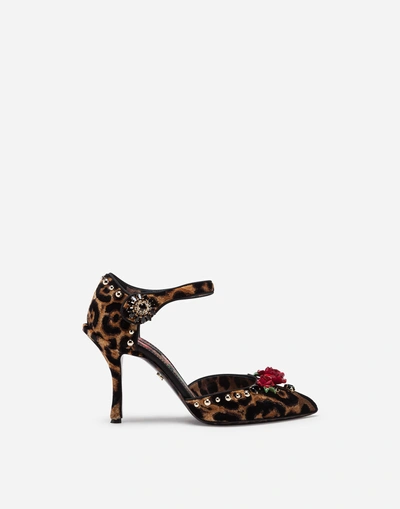 Shop Dolce & Gabbana Velvet Ankle-strap Pumps With Embroidery In Leopard Print