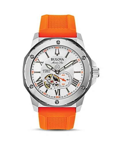 Shop Bulova Marine Star Orange Silicone Strap Automatic Watch, 45mm In White/orange