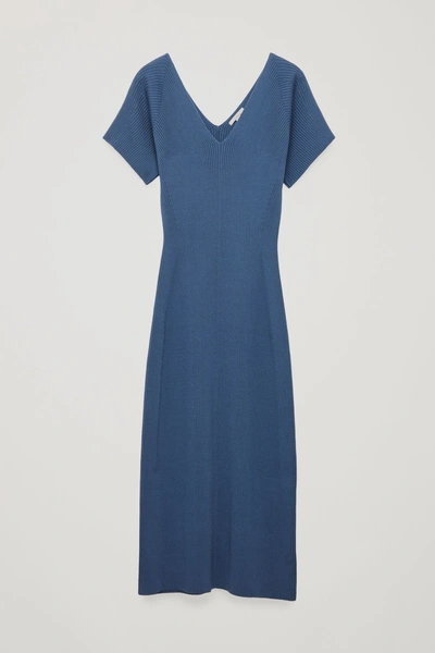 Cos Ribbed Cotton knit V neck Dress In Blue ModeSens