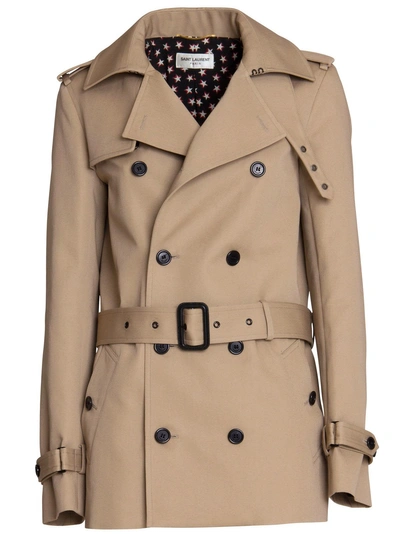 Shop Saint Laurent Short Trench Coat In Beige