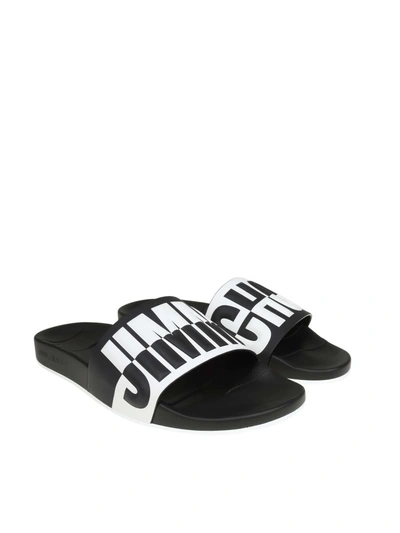 Shop Jimmy Choo Rey / M Leather Slippers With Relief Logo In Black/white