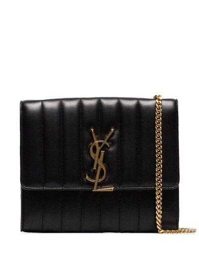 Shop Saint Laurent Black Vicky Monogram-embellished Leather Shoulder Bag