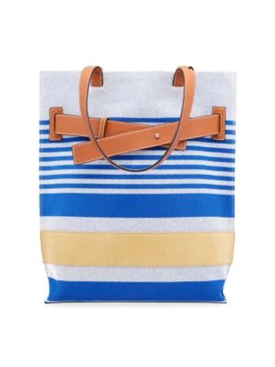 Shop Loewe Leather Trim Striped Tote In Pacific Blue