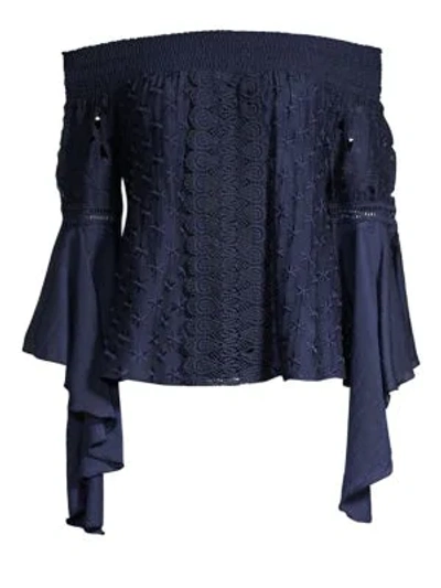 Shop Ramy Brook Elsie Embroidery Bell Sleeve Off-the-shoulder Top In Navy