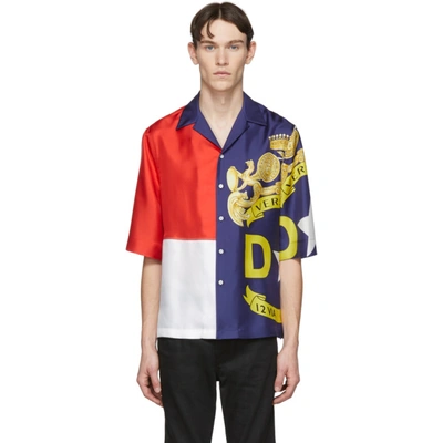 Shop Versace Multicolor Silk Colorblock Short Sleeve Shirt In A794 Blu/re