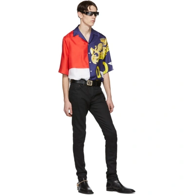 Shop Versace Multicolor Silk Colorblock Short Sleeve Shirt In A794 Blu/re