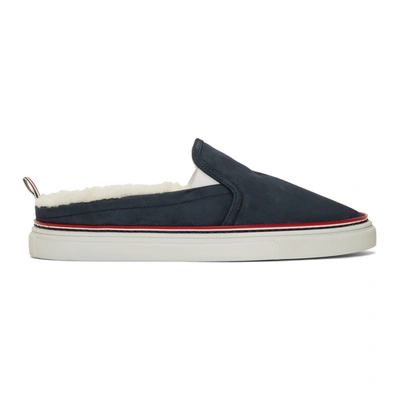 Shop Thom Browne Navy Shearling Slip-on Sneakers In 415 Navy