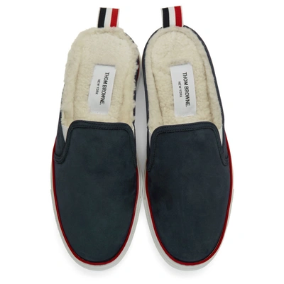 Shop Thom Browne Navy Shearling Slip-on Sneakers In 415 Navy