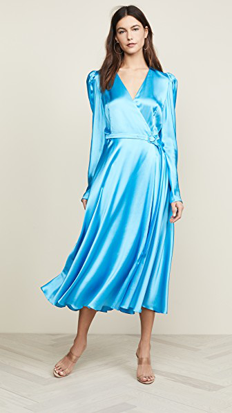 long sleeve blue satin dress