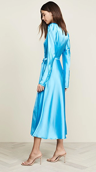 Shop Anna October Long Sleeve V Neck Satin Dress In Light Blue