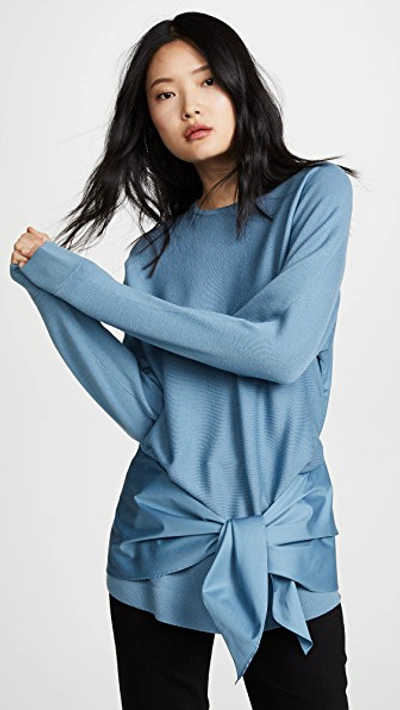 Shop Tibi Tie Peplum Woven Back Pullover In Chalk Blue