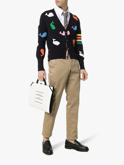 Shop Thom Browne Whale Print Cotton Cardigan In Blue