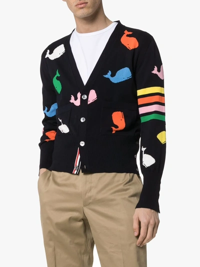 Shop Thom Browne Whale Print Cotton Cardigan In Blue