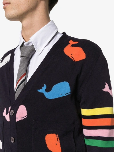 Shop Thom Browne Whale Print Cotton Cardigan In Blue