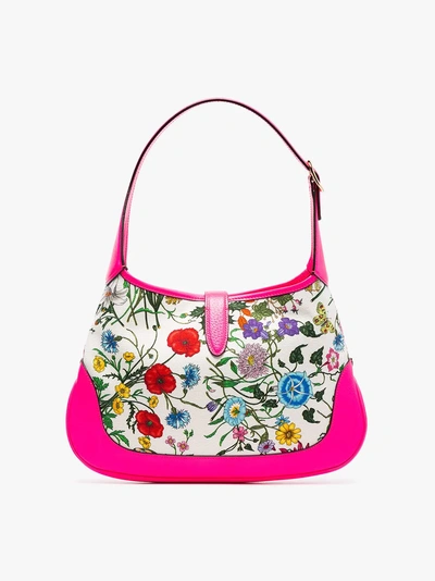 Shop Gucci Pink And Multicoloured Jackie Floral Print Canvas Hobo Bag