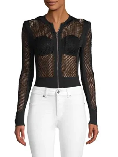 Shop Balmain Fishnet Zip-front Bodysuit In Black