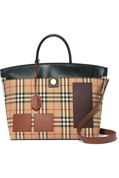 Shop Burberry Leather-trimmed Checked Cotton-drill Tote In Brown