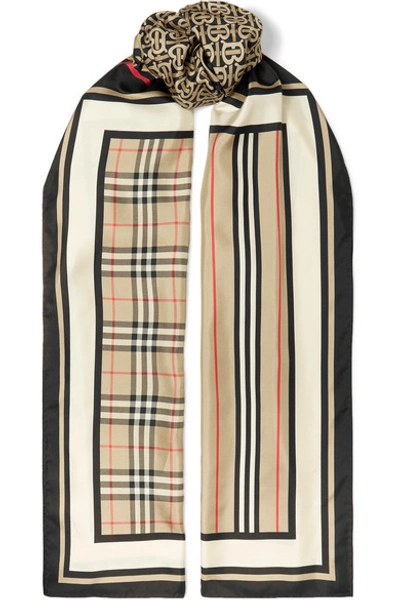 Burberry Monogram, Icon Stripe And Check Print Silk Scarf In Beige
