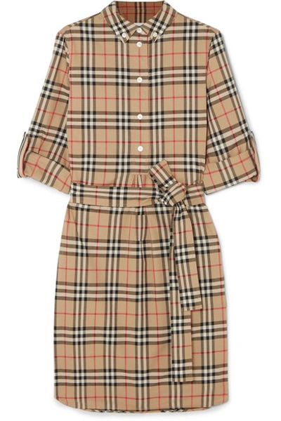 Shop Burberry Grosgrain-trimmed Checked Cotton-poplin Dress In Beige