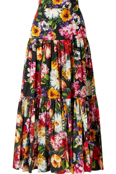 Shop Dolce & Gabbana Tiered Ruffled Floral-print Cotton-poplin Maxi Skirt