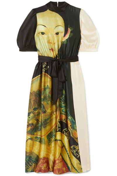 Shop Simone Rocha Belted Printed Silk Crepe De Chine Midi Dress In Black
