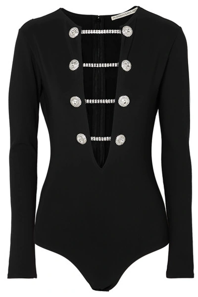 Shop Alessandra Rich Crystal-embellished Stretch-scuba Bodysuit In Black