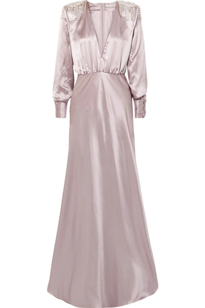Shop Alessandra Rich Crystal-embellished Silk-satin Gown In Lavender