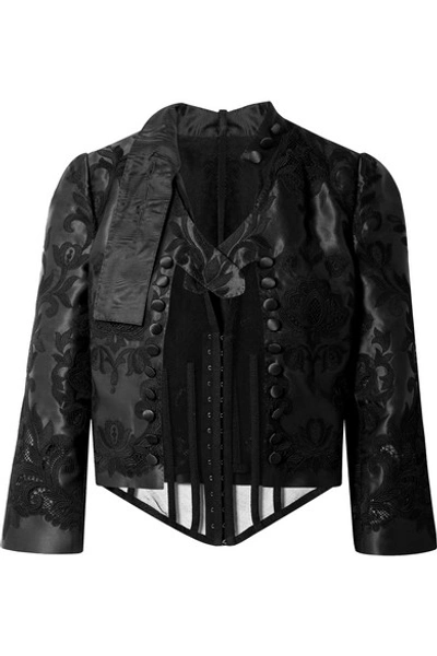 Shop Dolce & Gabbana Cropped Layered Stretch-tulle And Embroidered Silk-blend Taffeta Jacket In Black