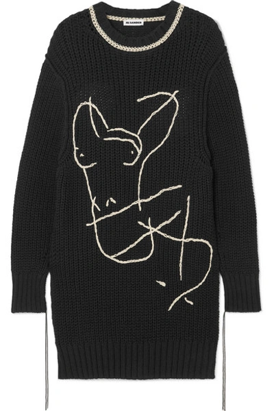 Shop Jil Sander Oversized Embroidered Cotton Sweater In Black
