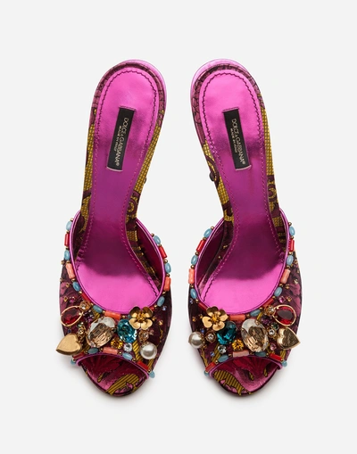 Shop Dolce & Gabbana Ornamental Floral Jacquard Mules With Embroidery In Fuchsia
