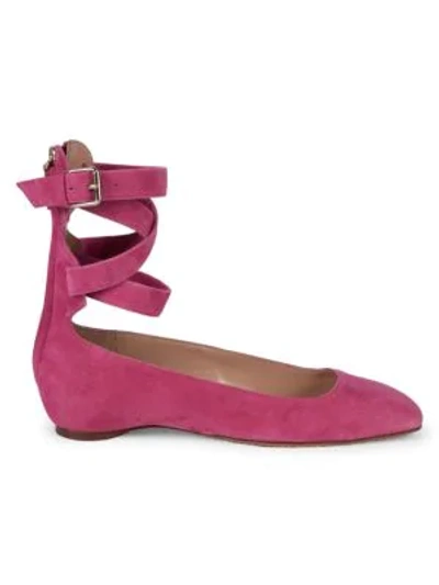 Shop Valentino Suede Ankle-wrap Flats In Bright Fuchsia