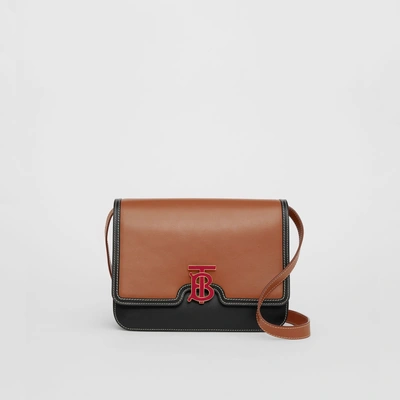 Shop Burberry Medium Two-tone Leather Tb Bag In Malt Brown/black
