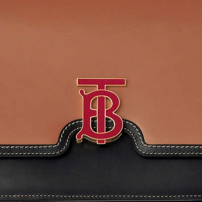 Shop Burberry Medium Two-tone Leather Tb Bag In Malt Brown/black
