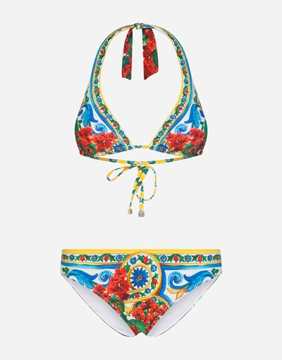 Shop Dolce & Gabbana Printed Triangle Bikini In Majolica Print