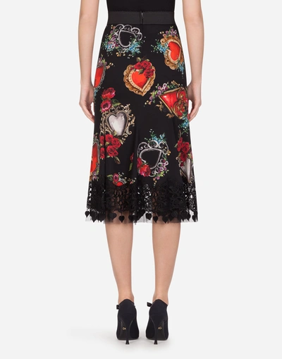 Shop Dolce & Gabbana Silk Midi Skirt With Heart And Rose Print In Black