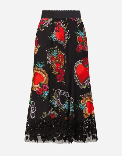 Shop Dolce & Gabbana Silk Midi Skirt With Heart And Rose Print In Black