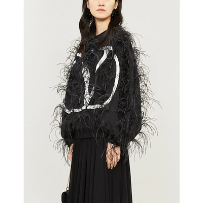 Shop Valentino Feather-embellished Logo-print Cotton-blend Sweatshirt In Black