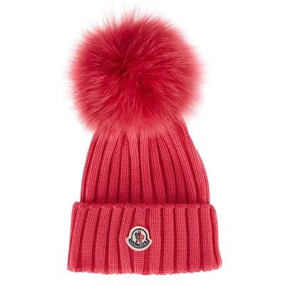 Shop Moncler Bright Pink Pompom Wool Beanie In Red
