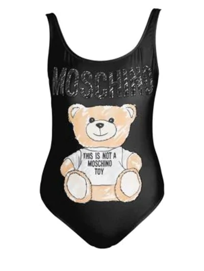 Shop Moschino Bear Print Bodysuit In Light Blue