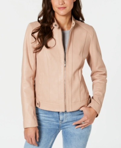 Shop Cole Haan Seamed Leather Jacket In Nude