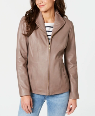Shop Cole Haan Leather Stand-collar Jacket In Taupe