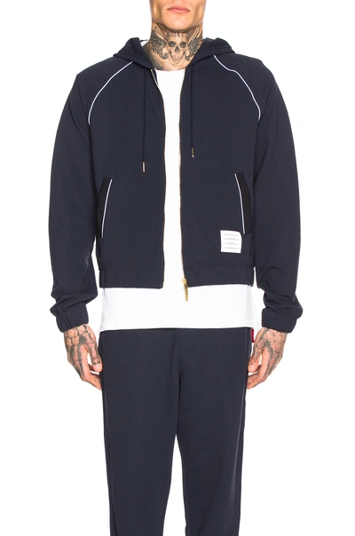 Shop Thom Browne Knit Tech Piping Hoodie In Blue. In Navy