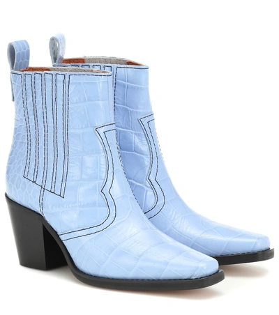 Shop Ganni Callie Croc-embossed Ankle Boots In Blue