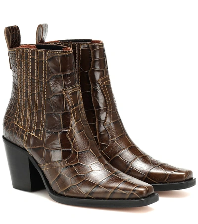 Shop Ganni Callie Croc-embossed Ankle Boots In Green