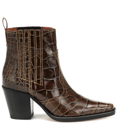 Shop Ganni Callie Croc-embossed Ankle Boots In Green